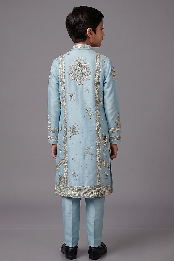 Wax Blue Silk Katan Kurta Set For Boys by Sahil Kochhar Kids at Pernia's Pop Up Shop