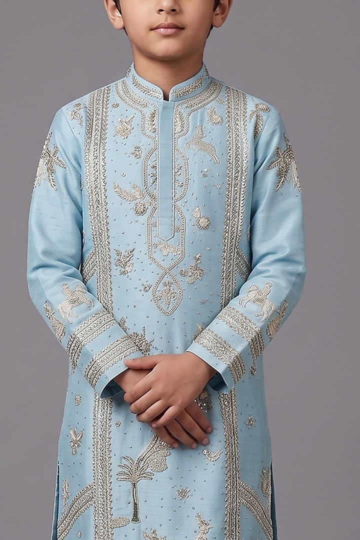 Wax Blue Silk Katan Kurta Set For Boys by Sahil Kochhar Kids at Pernia's Pop Up Shop
