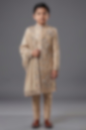 Beige Matka Silk Sherwani Set For Boys by Sahil Kochhar Kids at Pernia's Pop Up Shop