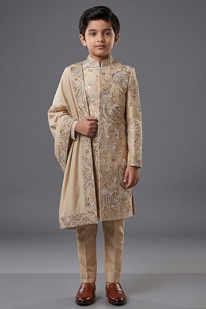 Beige Matka Silk Sherwani Set For Boys by Sahil Kochhar Kids at Pernia's Pop Up Shop