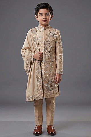 Beige Matka Silk Sherwani Set For Boys by Sahil Kochhar Kids