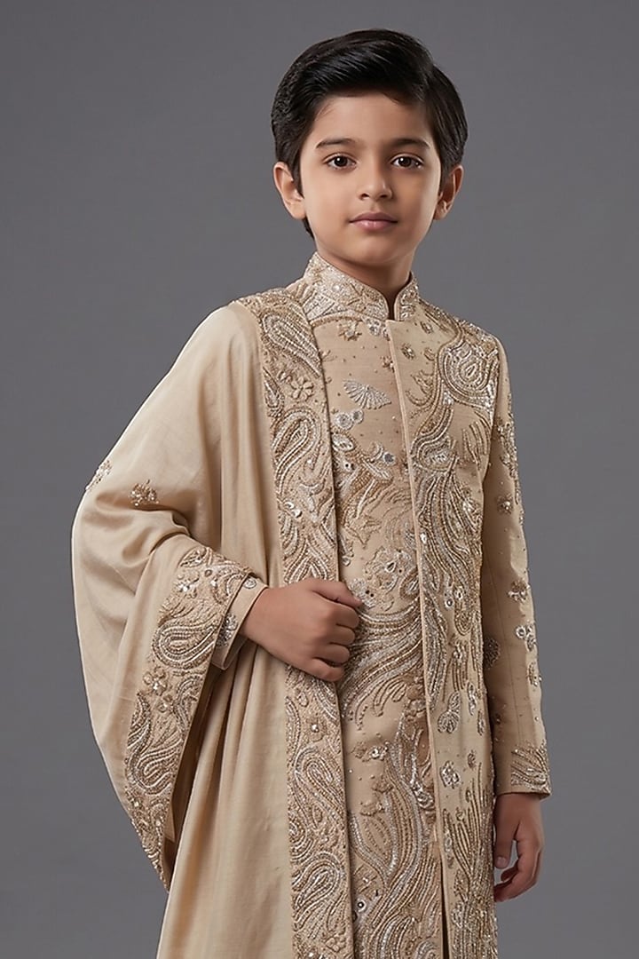 Beige Matka Silk Sherwani Set For Boys by Sahil Kochhar Kids at Pernia's Pop Up Shop