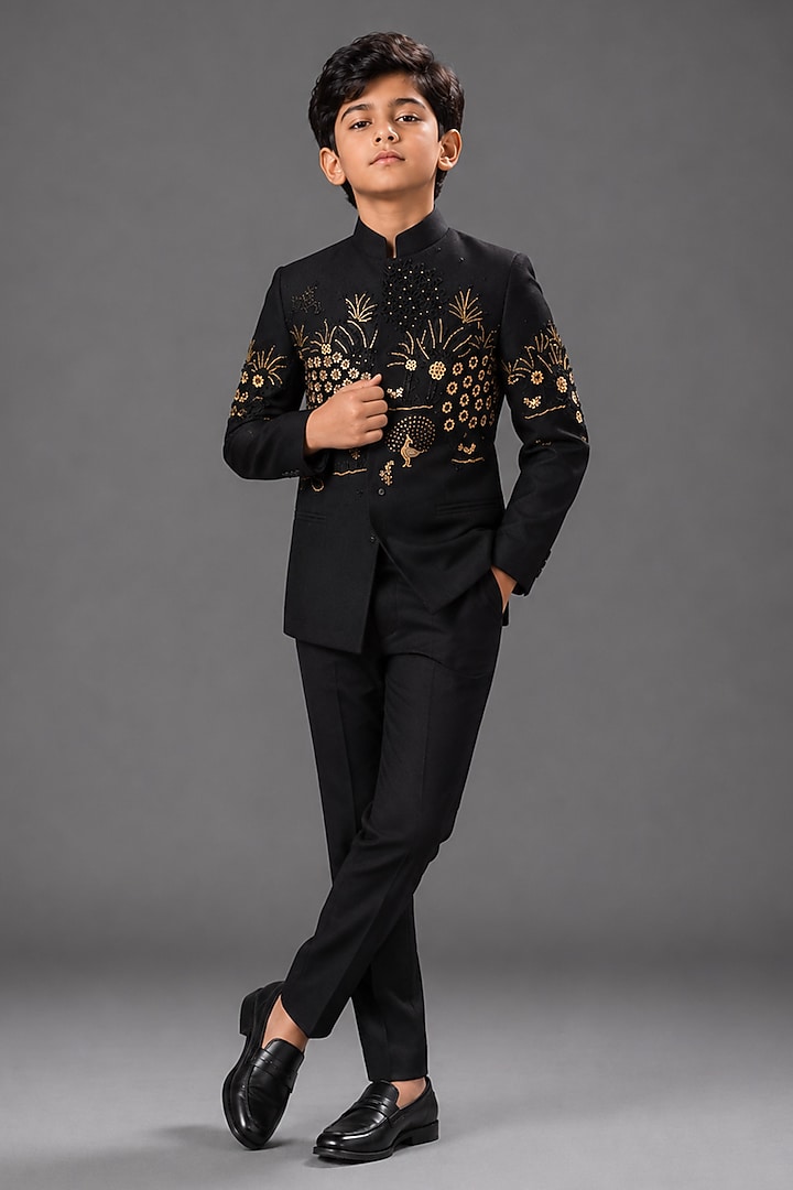 Black Matka Silk Bandhgala For Boys by Sahil Kochhar Kids at Pernia's Pop Up Shop