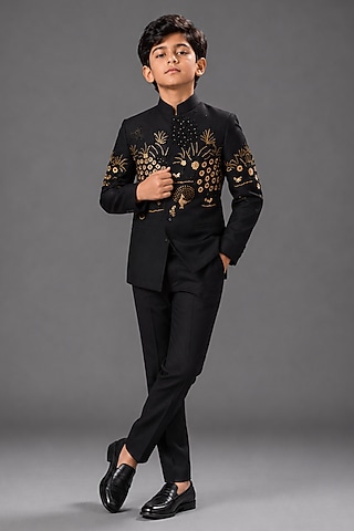 Black Matka Silk Bandhgala For Boys by Sahil Kochhar Kids