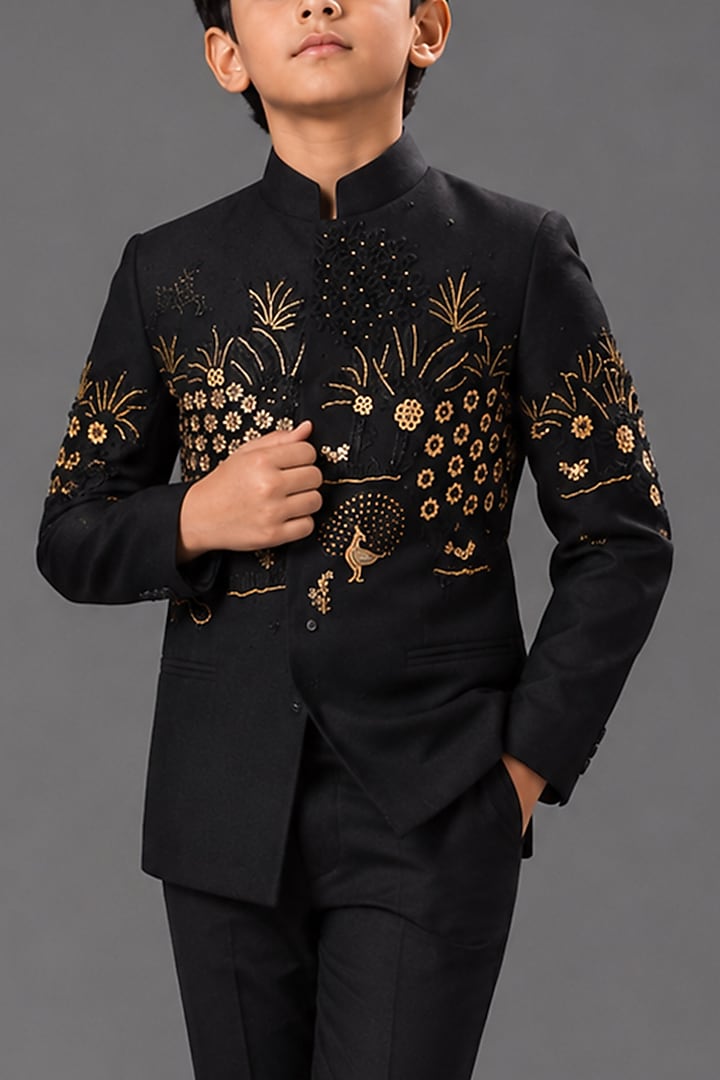 Black Matka Silk Bandhgala For Boys by Sahil Kochhar Kids at Pernia's Pop Up Shop