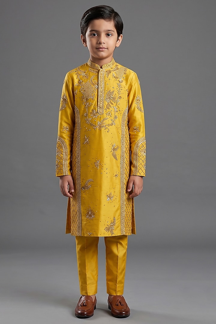 Yellow Silk Katan Kurta Set For Boys by Sahil Kochhar Kids at Pernia's Pop Up Shop
