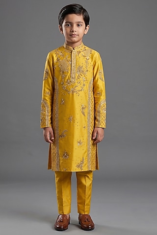 Yellow Silk Katan Kurta Set For Boys by Sahil Kochhar Kids