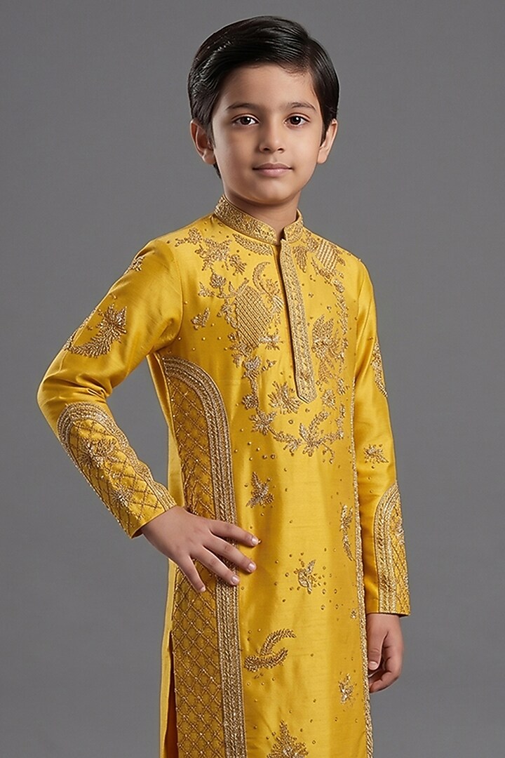 Yellow Silk Katan Kurta Set For Boys by Sahil Kochhar Kids at Pernia's Pop Up Shop