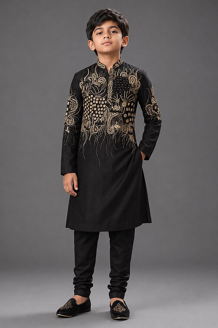 Black Silk Katan Kurta For Boys by Sahil Kochhar Kids at Pernia's Pop Up Shop