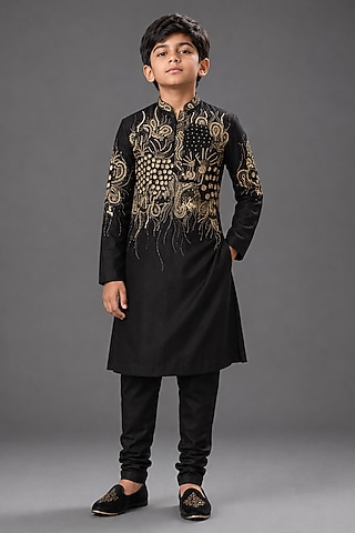 Black Silk Katan Kurta For Boys by Sahil Kochhar Kids
