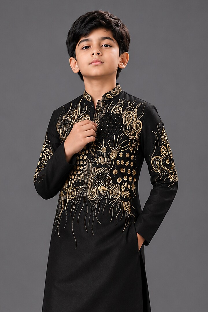 Black Silk Katan Kurta For Boys by Sahil Kochhar Kids at Pernia's Pop Up Shop