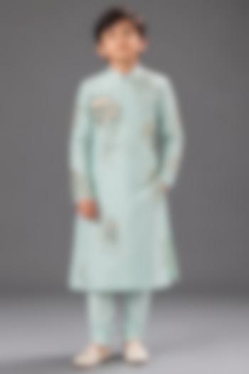 Powder Blue Silk Katan Kurta Set For Boys by Sahil Kochhar Kids at Pernia's Pop Up Shop