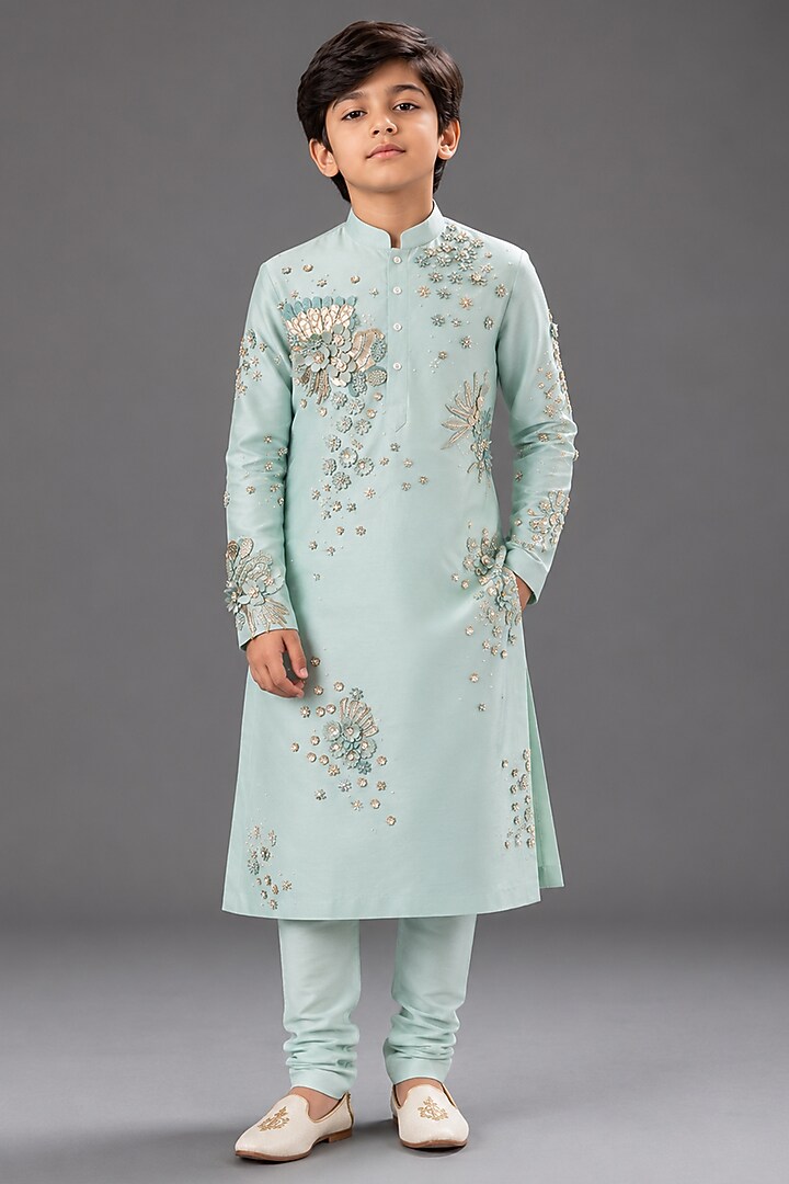 Powder Blue Silk Katan Kurta Set For Boys by Sahil Kochhar Kids at Pernia's Pop Up Shop