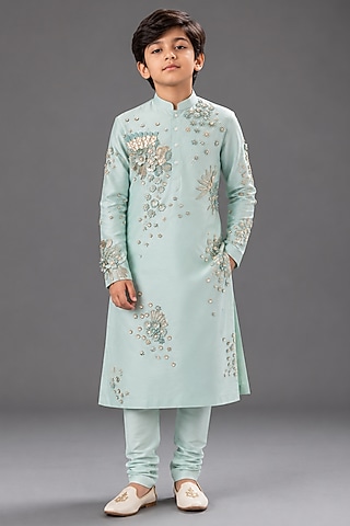 Powder Blue Silk Katan Kurta Set For Boys by Sahil Kochhar Kids