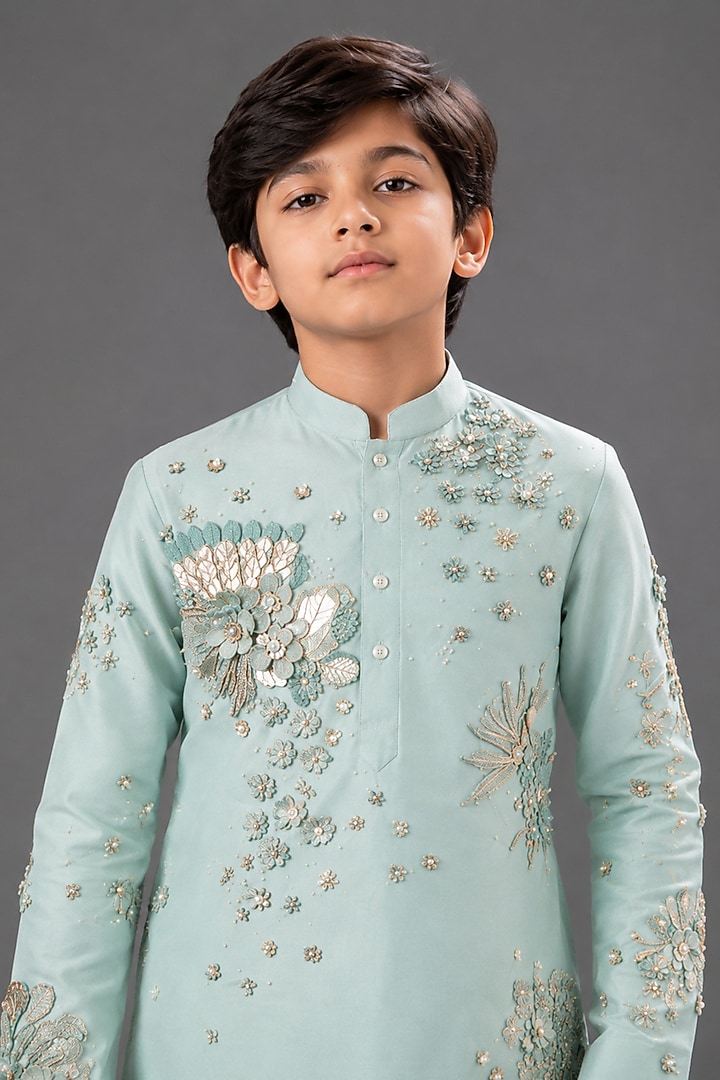 Powder Blue Silk Katan Kurta Set For Boys by Sahil Kochhar Kids at Pernia's Pop Up Shop