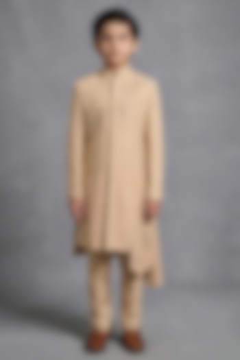 Beige Matka Silk Sherwani Set For Boys by Sahil Kochhar Kids at Pernia's Pop Up Shop