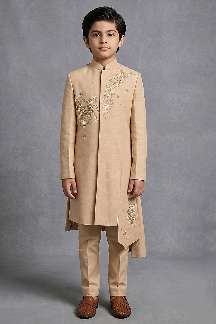 Beige Matka Silk Sherwani Set For Boys by Sahil Kochhar Kids at Pernia's Pop Up Shop