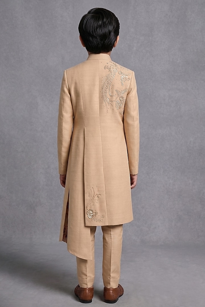 Beige Matka Silk Sherwani Set For Boys by Sahil Kochhar Kids at Pernia's Pop Up Shop