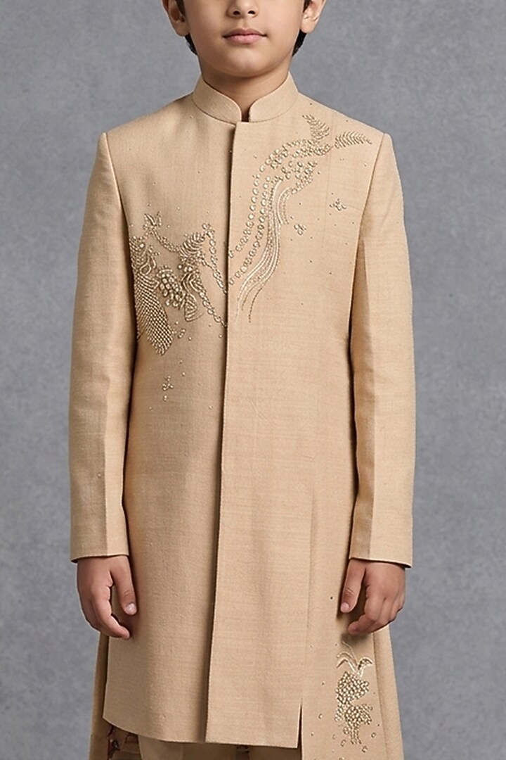 Beige Matka Silk Sherwani Set For Boys by Sahil Kochhar Kids at Pernia's Pop Up Shop