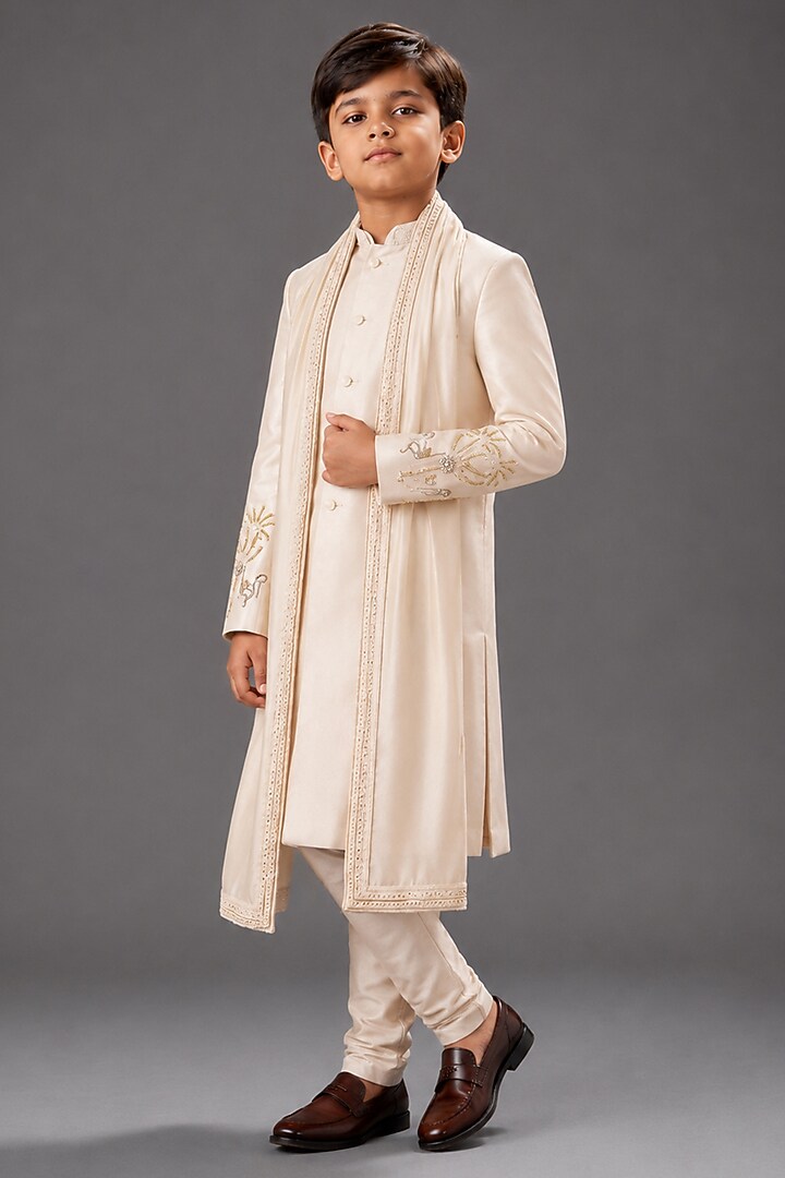 Ivory Matka Silk Sherwani Set For Boys by Sahil Kochhar Kids at Pernia's Pop Up Shop