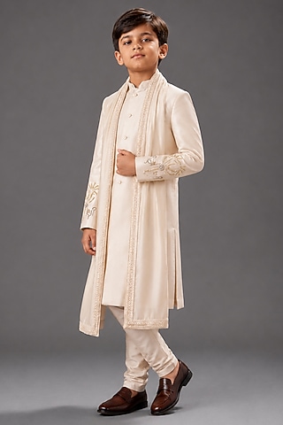 Ivory Matka Silk Sherwani Set For Boys by Sahil Kochhar Kids
