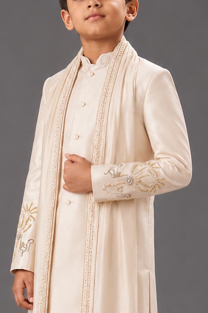 Ivory Matka Silk Sherwani Set For Boys by Sahil Kochhar Kids at Pernia's Pop Up Shop