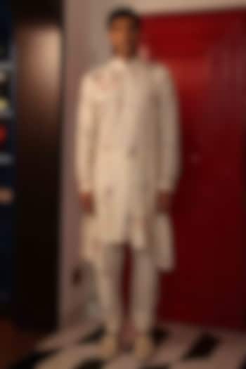 Ivory Katan Silk Hand Embroidered Kurta Set by Sahil Kochhar Men at Pernia's Pop Up Shop