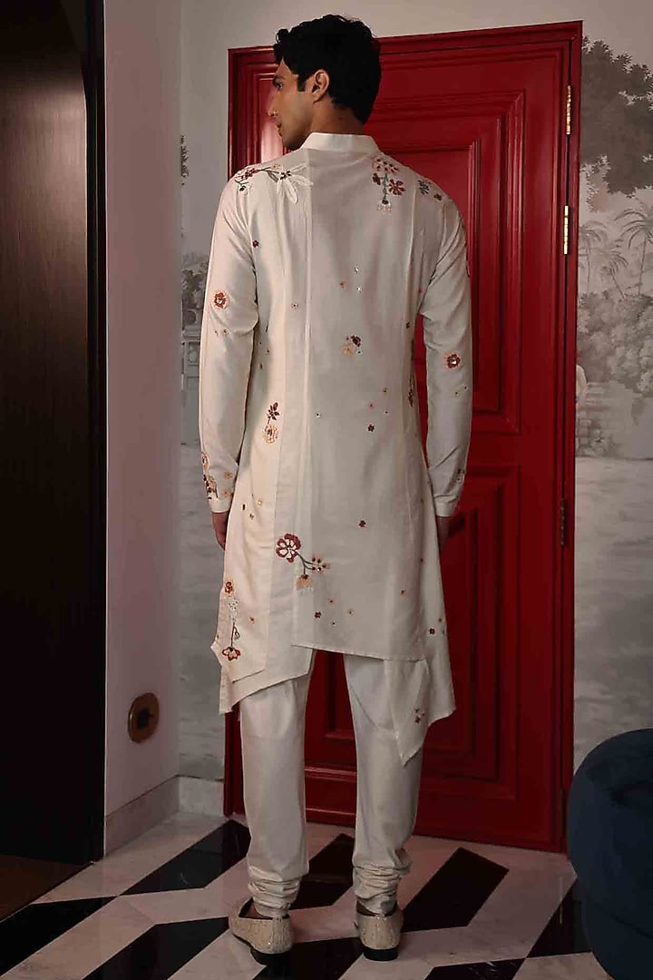 Ivory Katan Silk Hand Embroidered Kurta Set by Sahil Kochhar Men at Pernia's Pop Up Shop