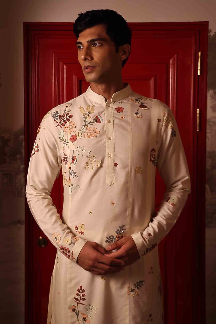 Ivory Katan Silk Hand Embroidered Kurta Set by Sahil Kochhar Men at Pernia's Pop Up Shop