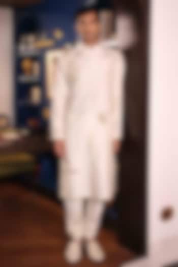 Ivory Katan Silk Hand Embroidered Kurta Set by Sahil Kochhar Men at Pernia's Pop Up Shop