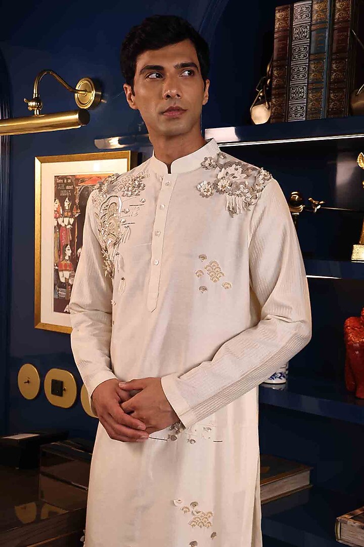Ivory Katan Silk Hand Embroidered Kurta Set by Sahil Kochhar Men at Pernia's Pop Up Shop