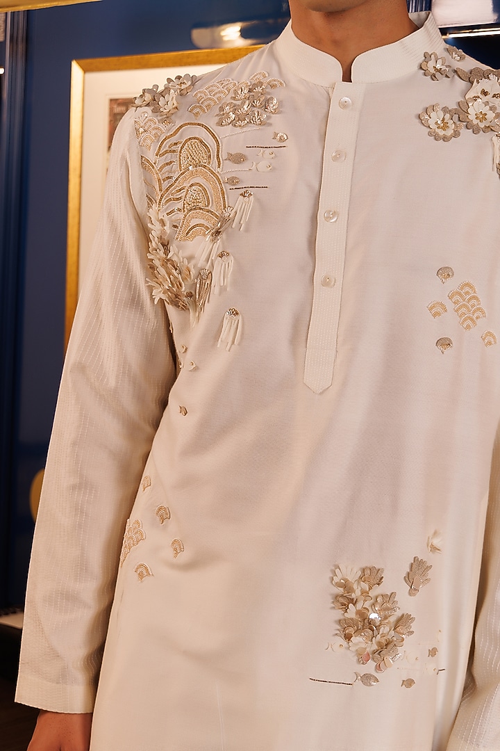 Ivory Katan Silk Hand Embroidered Kurta Set by Sahil Kochhar Men at Pernia's Pop Up Shop