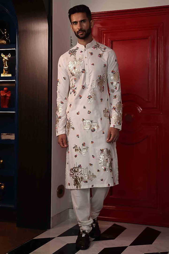 Ivory Katan Silk Hand Embroidered Kurta Set by Sahil Kochhar Men at Pernia's Pop Up Shop