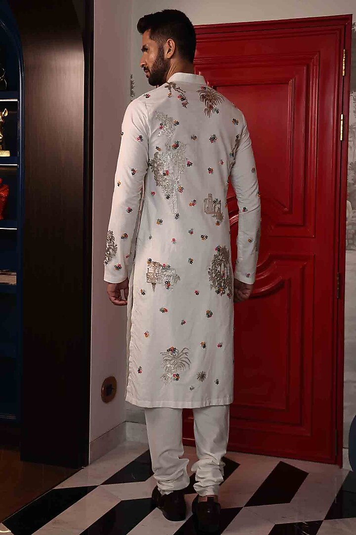 Ivory Katan Silk Hand Embroidered Kurta Set by Sahil Kochhar Men at Pernia's Pop Up Shop
