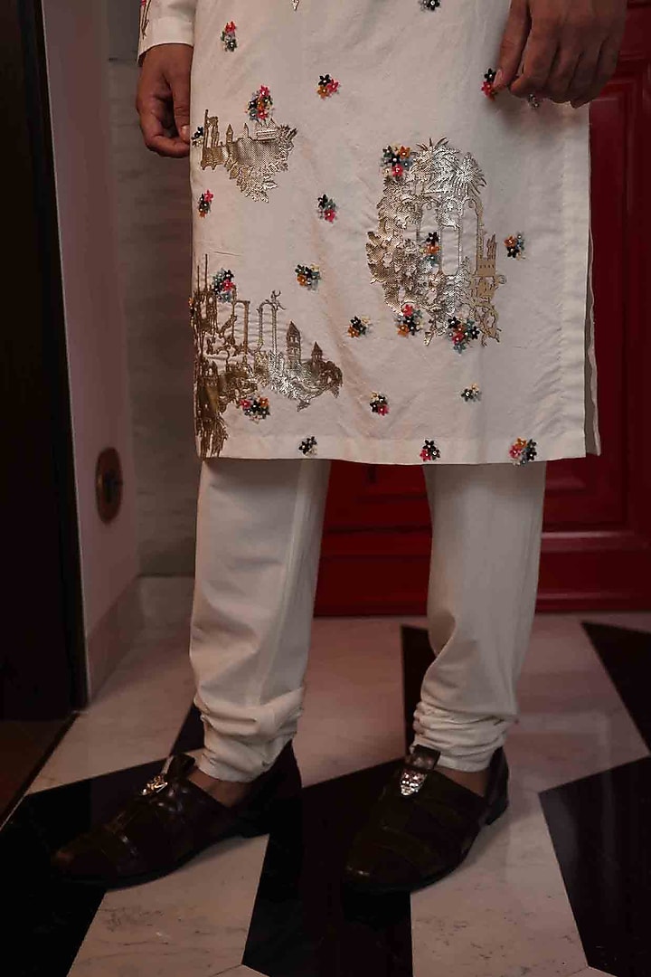 Ivory Katan Silk Hand Embroidered Kurta Set by Sahil Kochhar Men at Pernia's Pop Up Shop