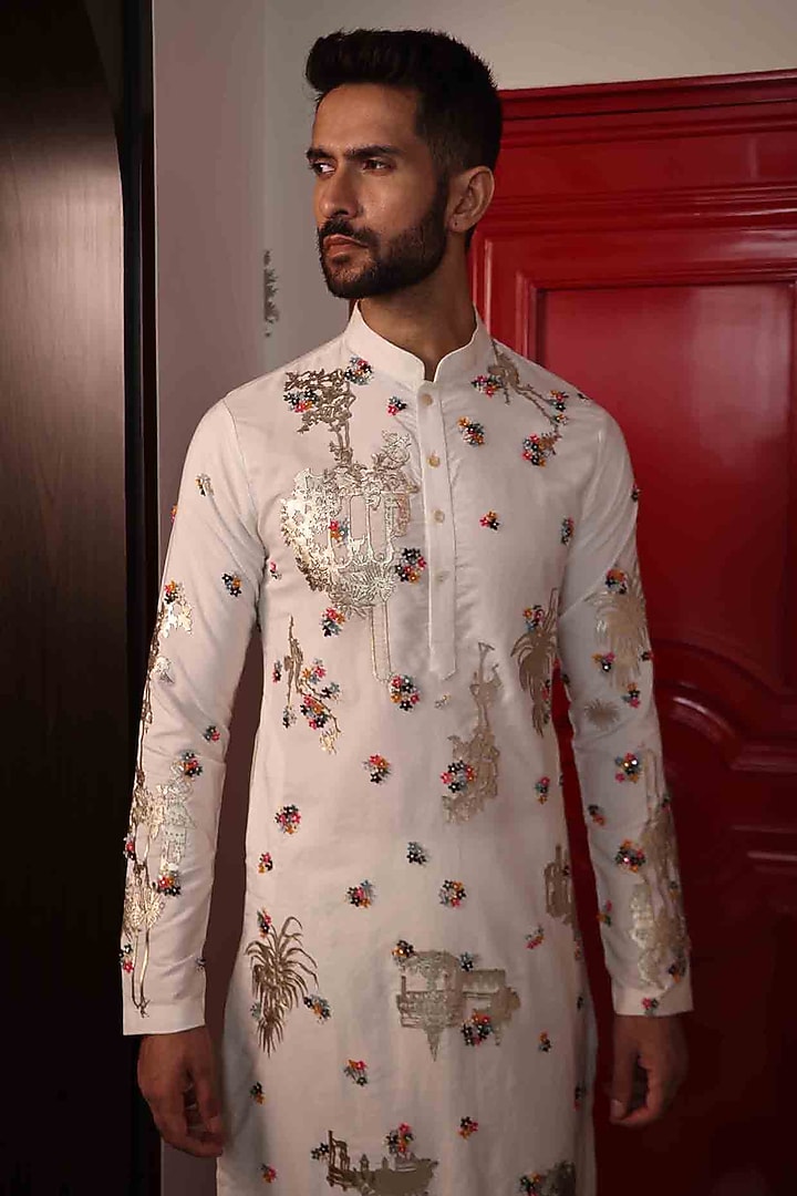 Ivory Katan Silk Hand Embroidered Kurta Set by Sahil Kochhar Men at Pernia's Pop Up Shop