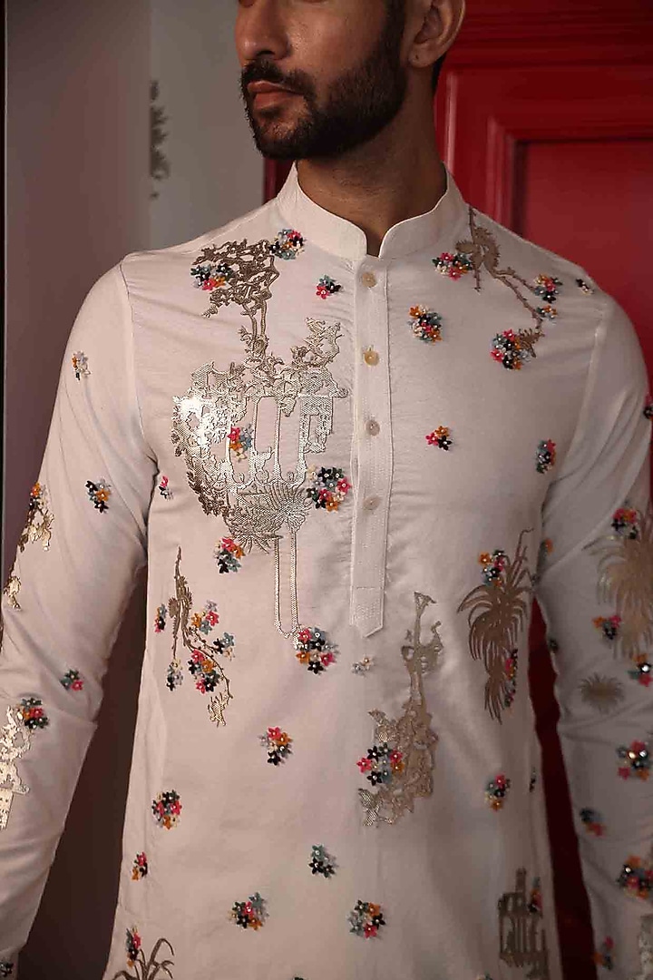 Ivory Katan Silk Hand Embroidered Kurta Set by Sahil Kochhar Men at Pernia's Pop Up Shop