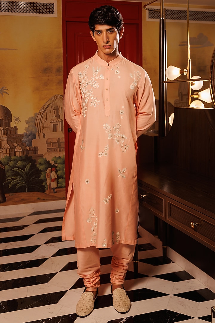Pink Katan Silk Hand Embroidered Kurta Set by Sahil Kochhar Men at Pernia's Pop Up Shop