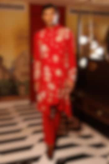Red Katan Silk Hand Embroidered Kurta Set by Sahil Kochhar Men at Pernia's Pop Up Shop
