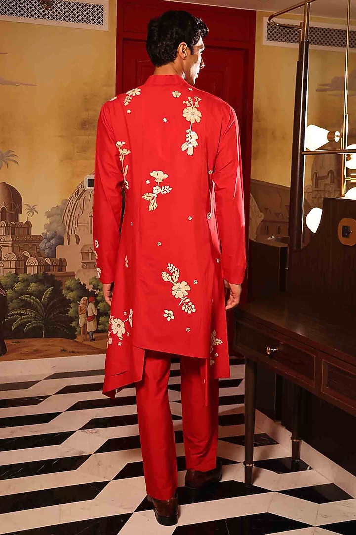 Red Katan Silk Hand Embroidered Kurta Set by Sahil Kochhar Men at Pernia's Pop Up Shop