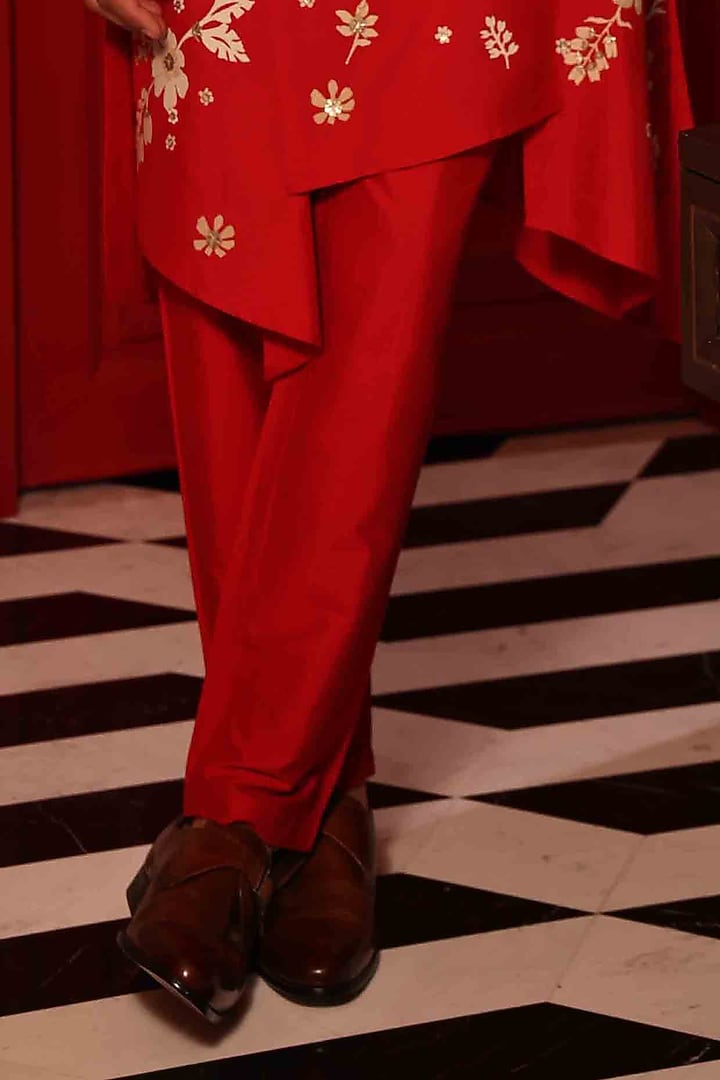 Red Katan Silk Hand Embroidered Kurta Set by Sahil Kochhar Men at Pernia's Pop Up Shop