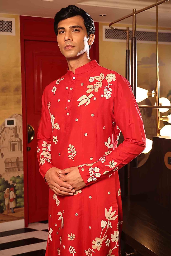Red Katan Silk Hand Embroidered Kurta Set by Sahil Kochhar Men at Pernia's Pop Up Shop