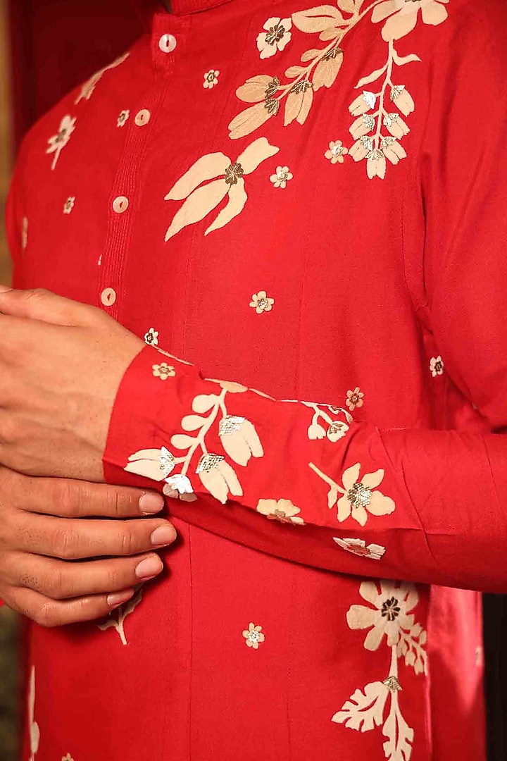 Red Katan Silk Hand Embroidered Kurta Set by Sahil Kochhar Men at Pernia's Pop Up Shop