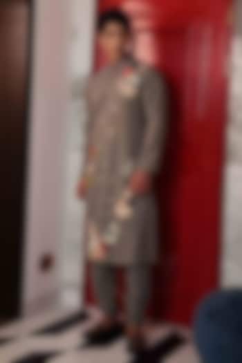 Grey Katan Silk Floral Hand Embroidered Kurta Set by Sahil Kochhar Men at Pernia's Pop Up Shop