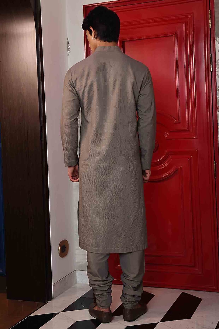 Grey Katan Silk Floral Hand Embroidered Kurta Set by Sahil Kochhar Men at Pernia's Pop Up Shop