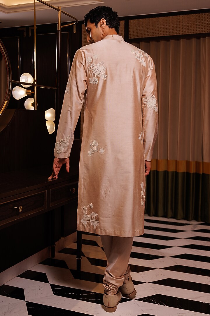 Pink Katan Silk Hand Embroidered Kurta Set by Sahil Kochhar Men at Pernia's Pop Up Shop