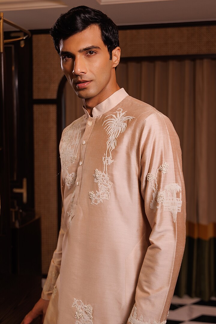 Pink Katan Silk Hand Embroidered Kurta Set by Sahil Kochhar Men at Pernia's Pop Up Shop