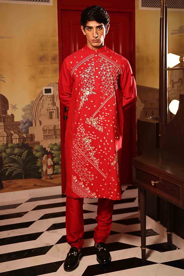 Red Katan Silk Hand Embroidered Kurta Set by Sahil Kochhar Men at Pernia's Pop Up Shop