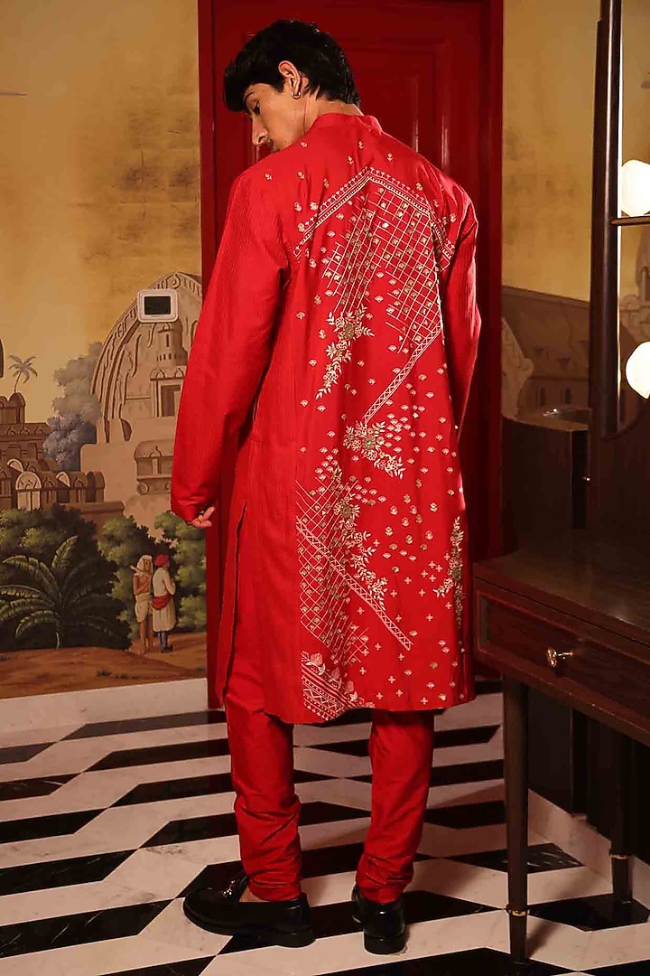 Red Katan Silk Hand Embroidered Kurta Set by Sahil Kochhar Men at Pernia's Pop Up Shop