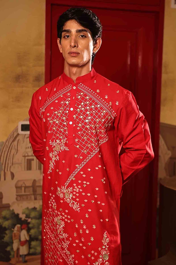 Red Katan Silk Hand Embroidered Kurta Set by Sahil Kochhar Men at Pernia's Pop Up Shop